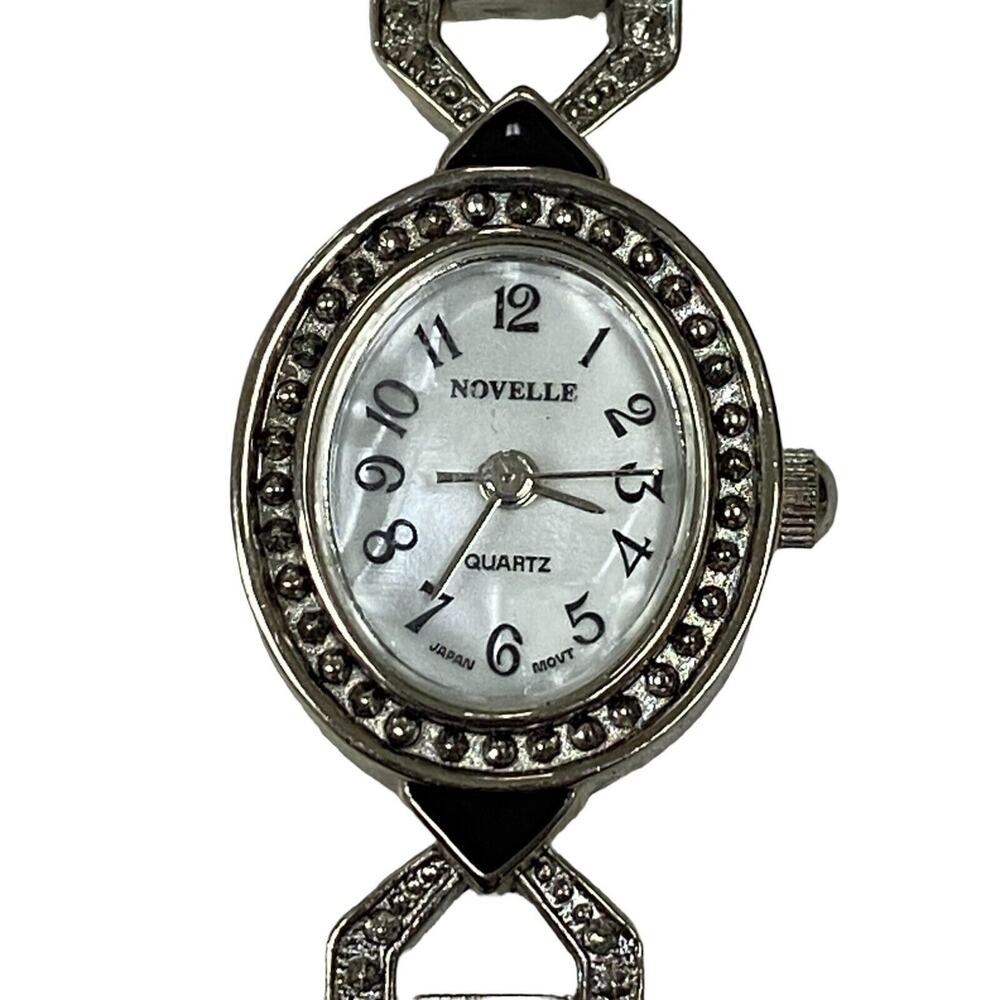 Vtg Novelle Silver Tone Quartz Faux Marcasite Black Enamel Band Women's Watch